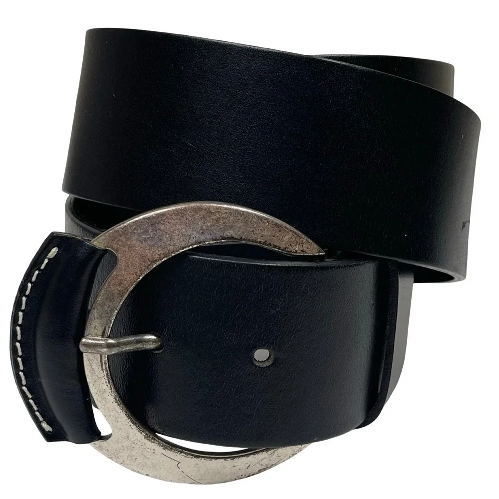 Vintage Eddie Bauer Leather Belt Women M Black Silver Crescent Buckle Western